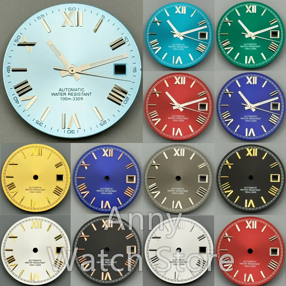 NH35 29MM azul cielo turquesa oro esfera de rayos solares marca romana calendario cara ajuste NH35 Mingzhu2813 movimiento reloj accesorios modificados