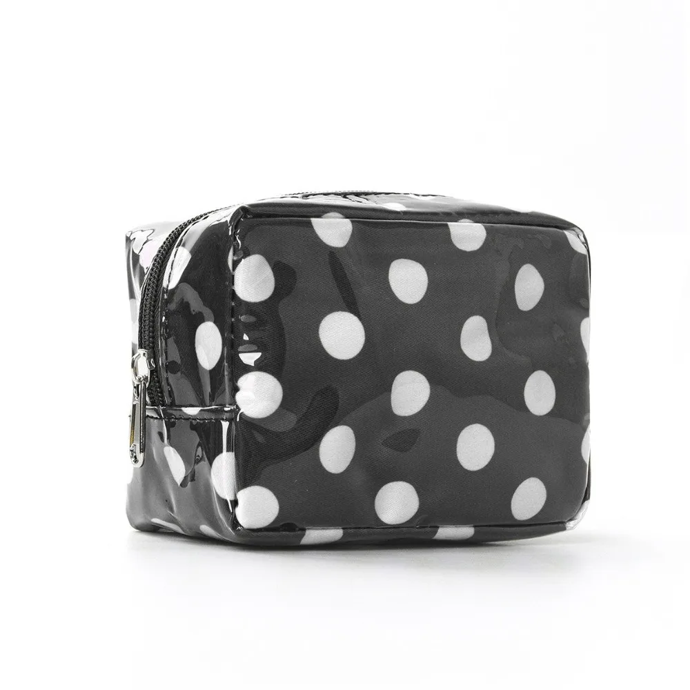 New Waterproof Cosmetic Bag Square Shape with Zipper Makeup Bag Glossy Surface Polka Dot Pattern Mini Clutch Travel Use