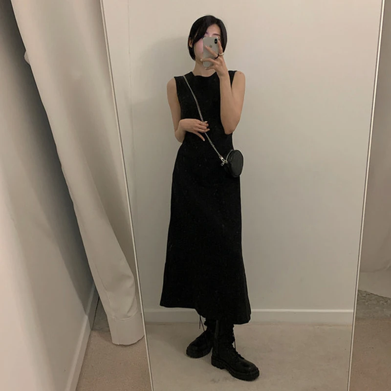 Hollow Out Midi Dress Women Elegant Black Sleeveless A Line Dresses Summer Korean Party Drawstring Backless Sundress Vestidos