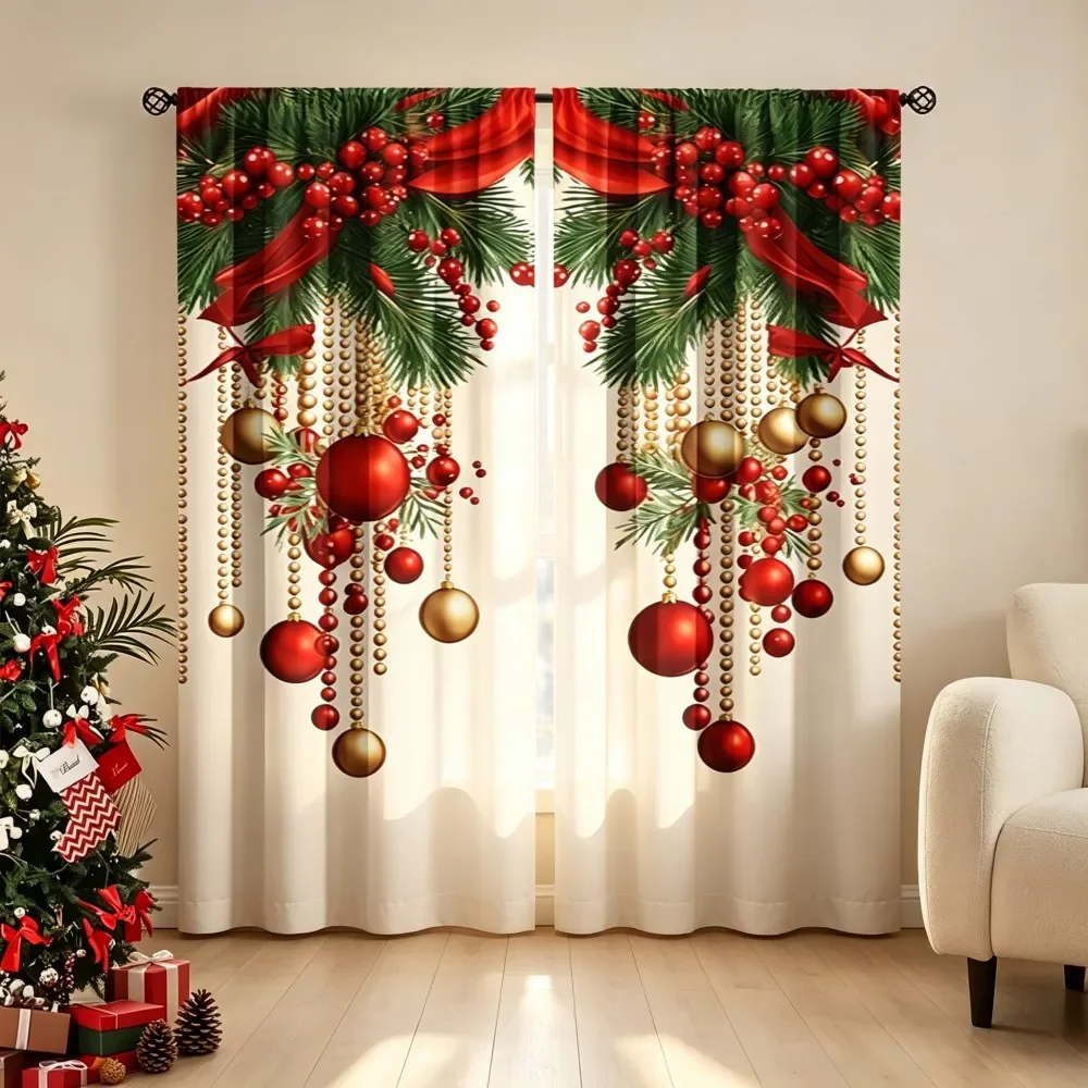 Christmas Curtain Panels Festive Holiday Window Dressing Curtain Set Red Gold Garland Lights Curtain