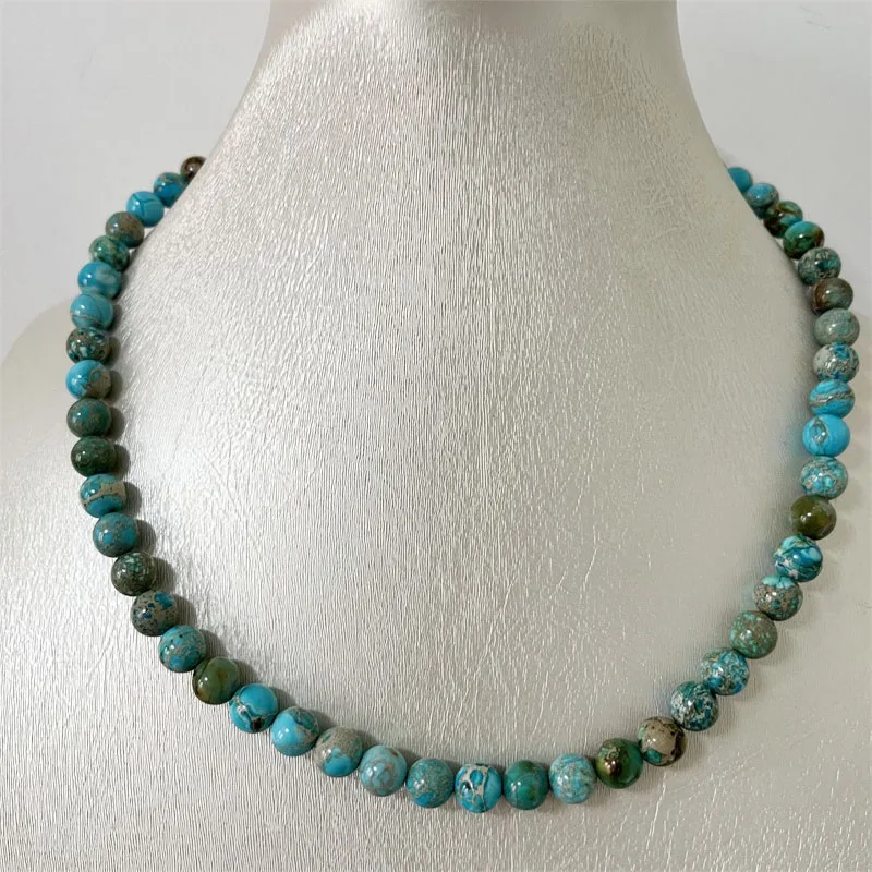 8MM Turquoise Blue Imperial Jasper Necklace Hot Selling Sea Sediment Natural Stone Women Gift Wedding Party Jewelry Handwork