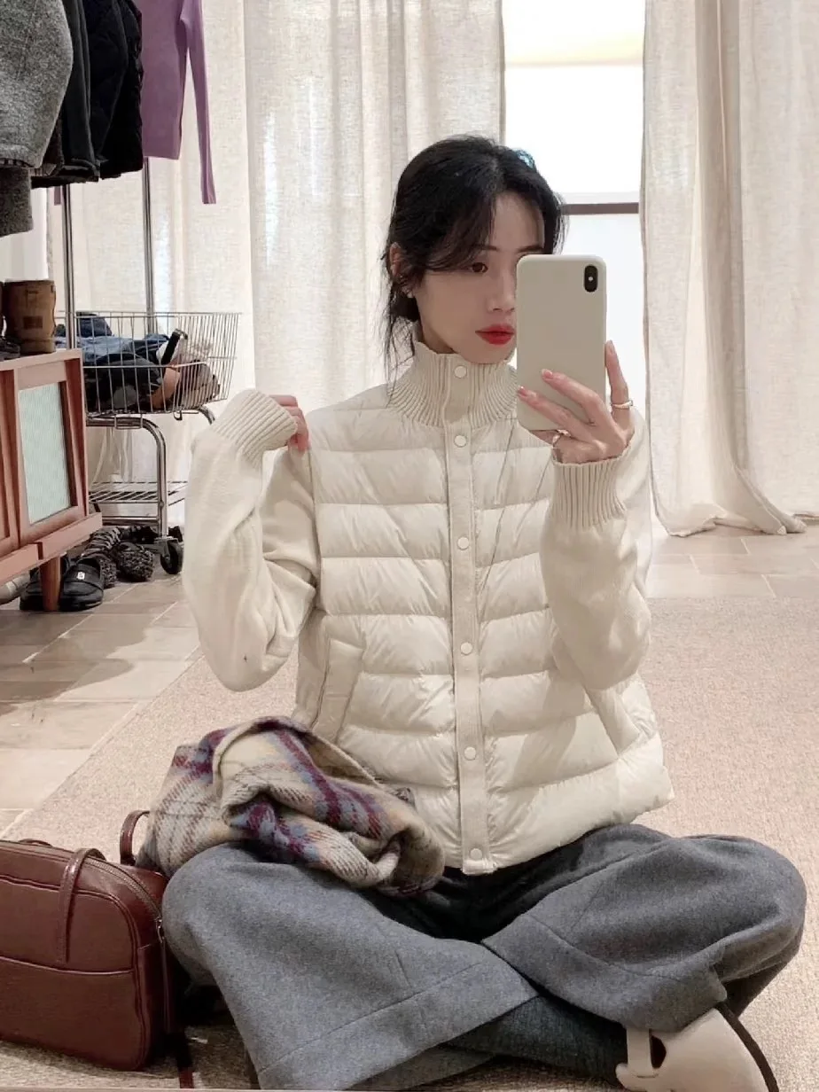 2025 شتاء جديد الكورية محبوك كم أسفل سترة المرأة قصيرة نمط لحم الخنزير الضلع الوقوف طوق 90 الأبيض بطة أسفل معطف قصير #5