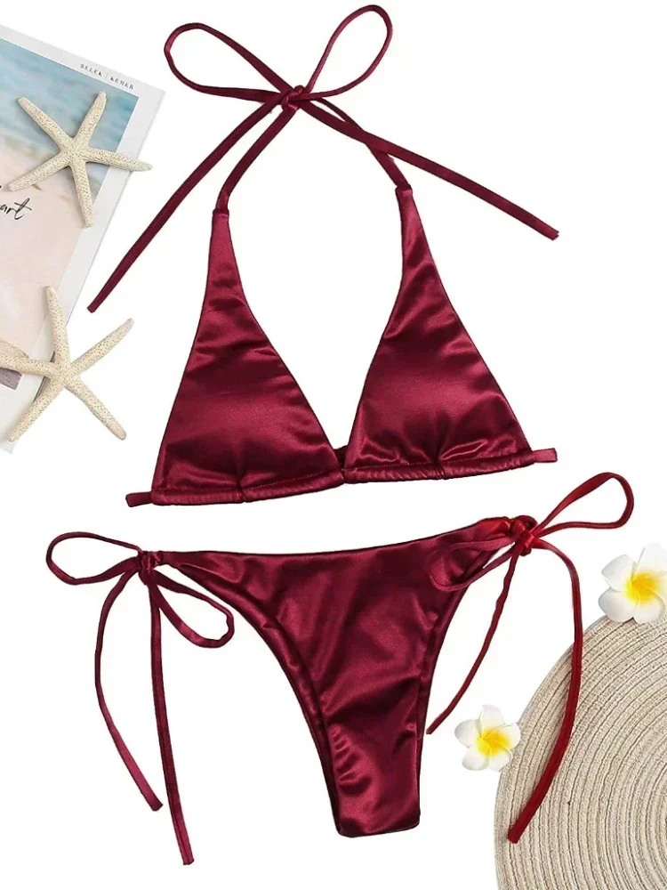 New Bikini Satin Silk Swimsuit Women Swimwear Push Up Set Brazilian Bathing Suit Summer Two Pieces Lace Up Beach Wear Swimsuit