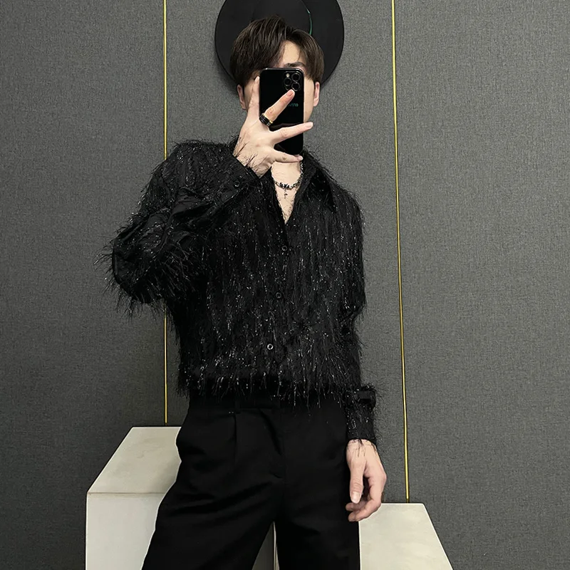 Glittering Long Sleeve Shirt Jacket Men's Spring Fashion Loose Nightclub Shirt Bright Thread Tassel Detail Youth Popular Pure...