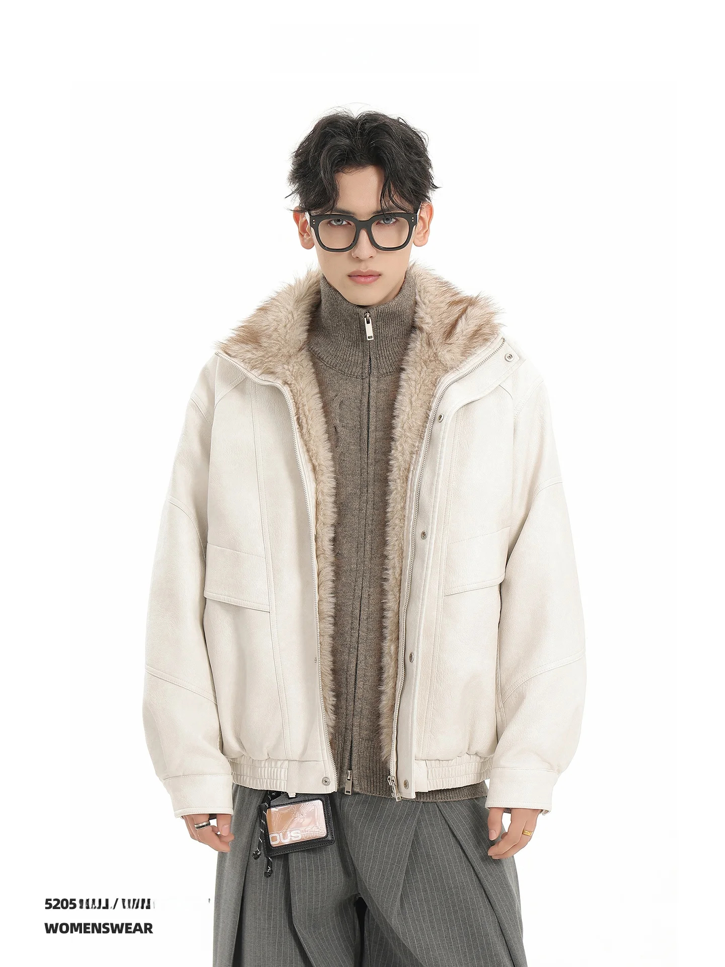 

Thiened PU Leather Cotton Jaet Men's Street Sle Warmth Faionable Hooded Zipper Decorated Loose Fit Youth ular