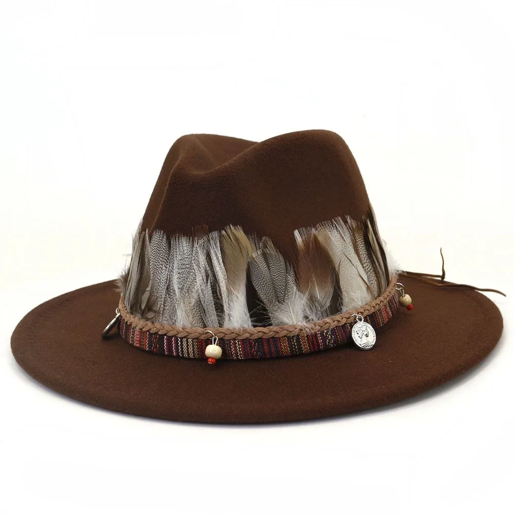 Feather Ethnic Style Decorative Band Fedora Hat Men Women Jazz Flat Brim Hat British Woolen Knight Cap 5