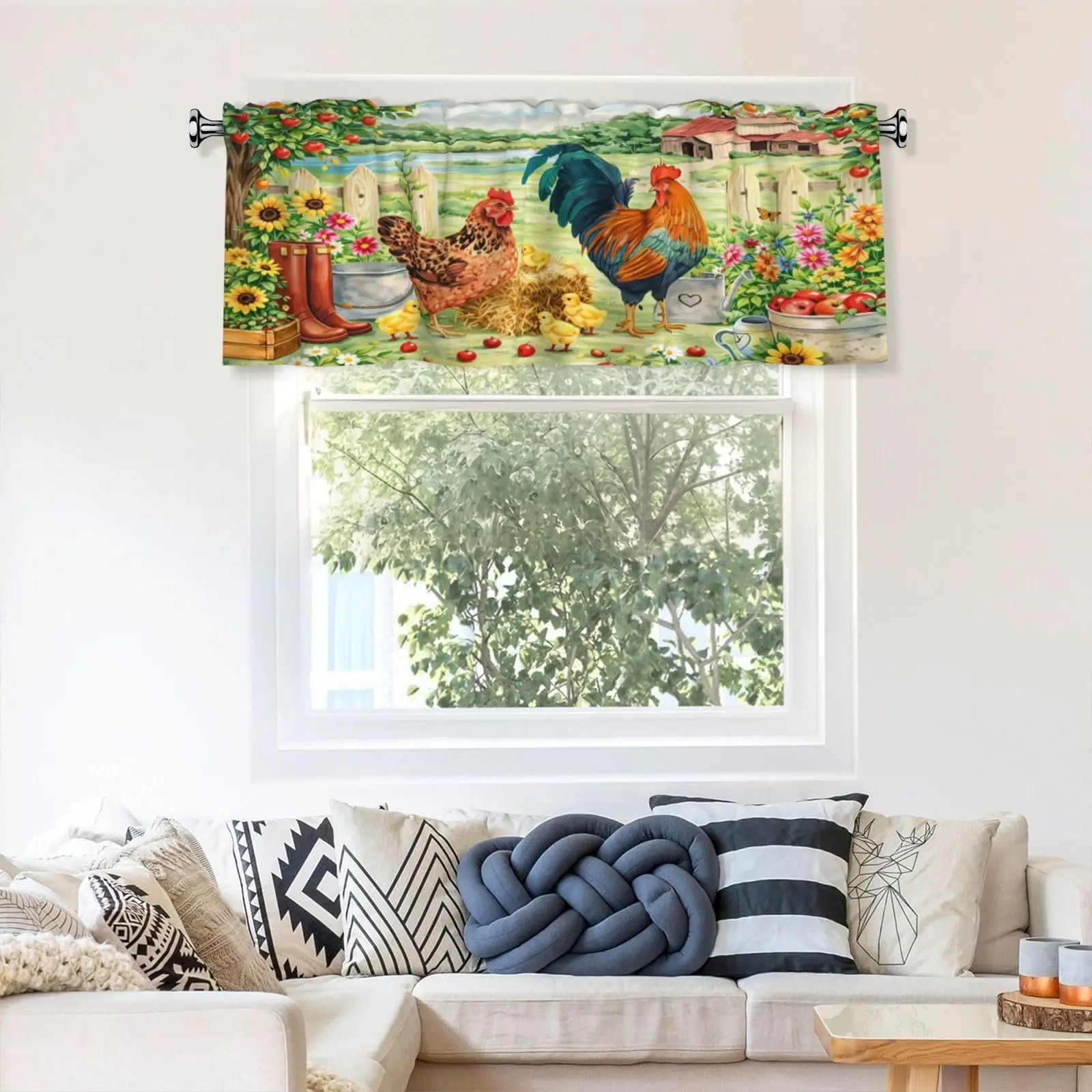 Light Filtering Rooster And Hen Valance Curtain, Rod Pocket Short Window Valance For Kitchen Bathroom Living Room,1 Panel