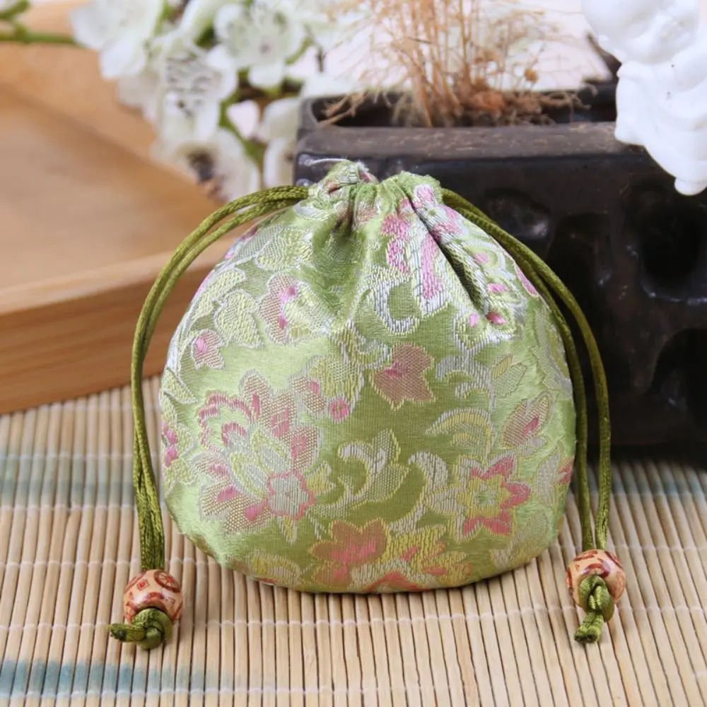 Floral Embroidery Flower Drawstring Bag Beaded Jewelry Packing Bag Small Coin Purse Wallet Ethnic Style Large Capacity