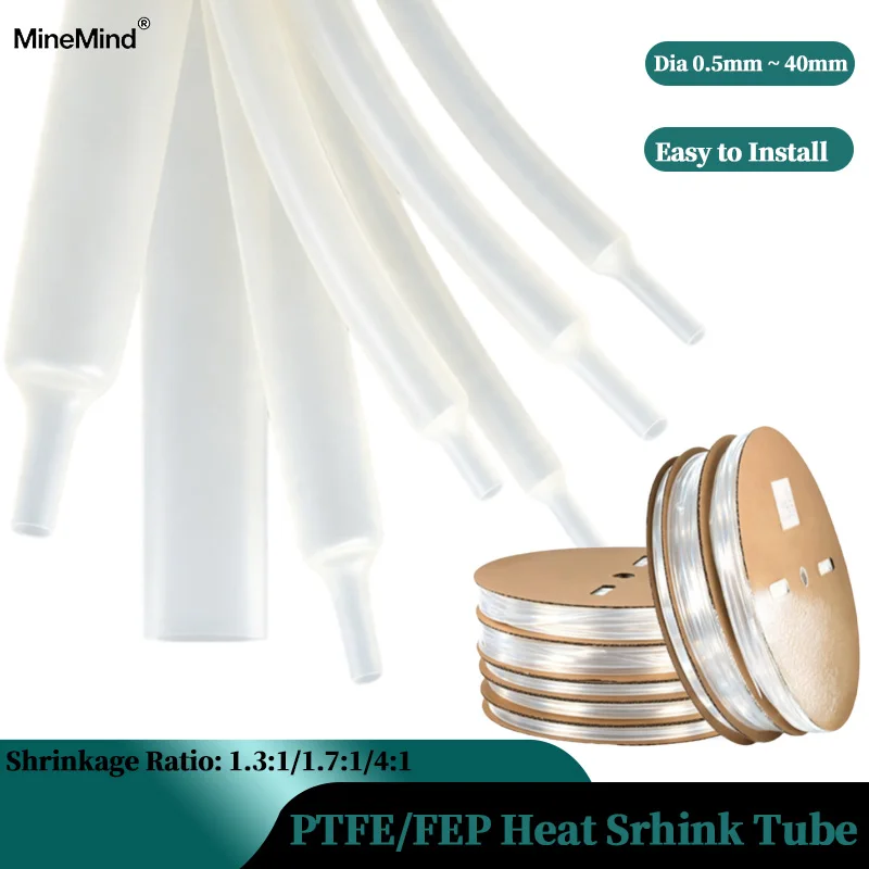 1M 1.7:1 / 1.3:1 /4:1 Dia.0.5mm ~ 40mm Transparent Heat Shrink Tube PTFE/FEP Shrinkage Ratio High Temperature Cable Shrink Film