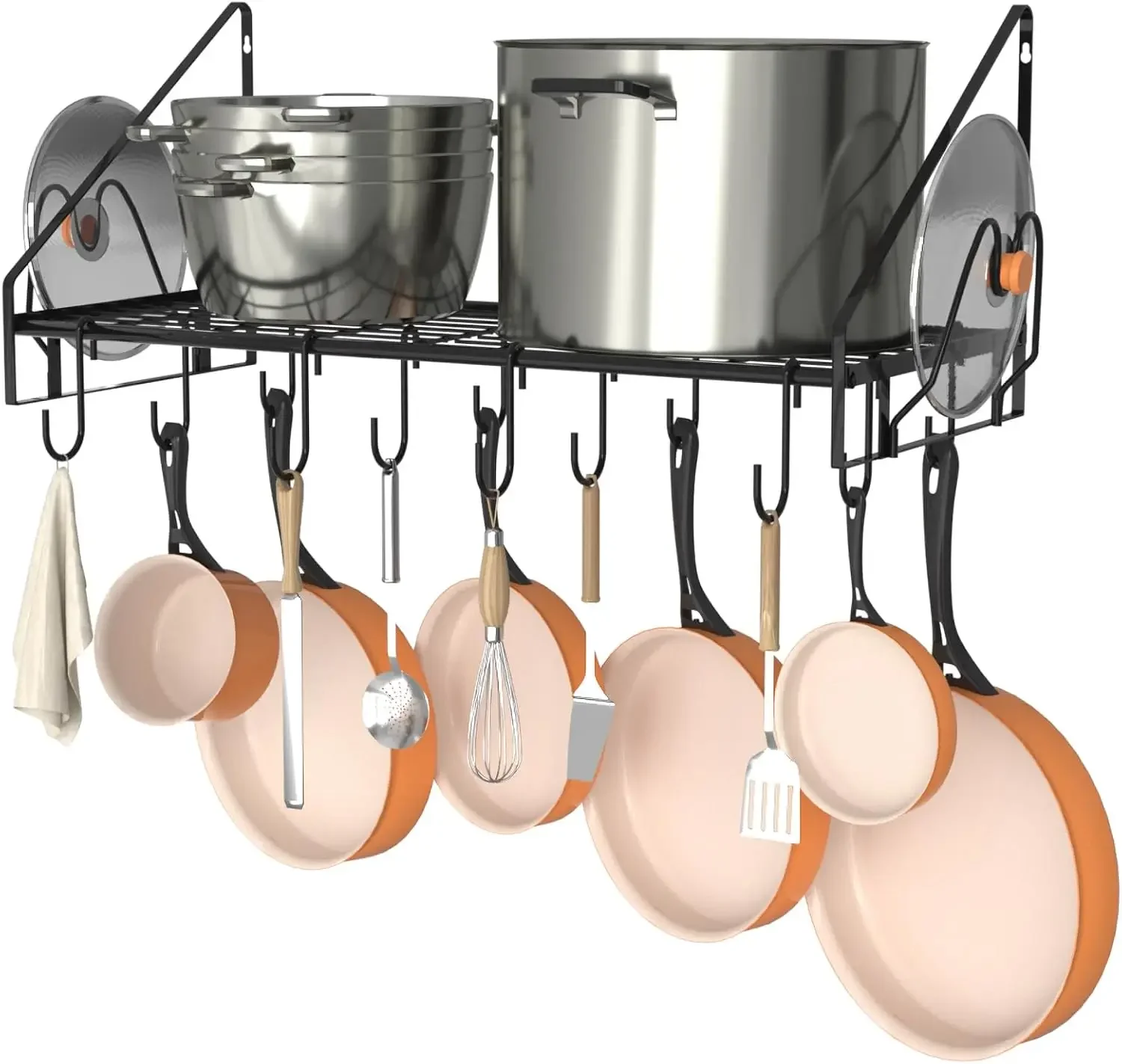 Heavy Duty Wall Mounted Pot Rack with 12 Hooks and 2 Pot Lid Holders, Metal Pots and Pans Organizer Shelf, Hanging Cookware Utensil Storage Rack for Kitchen