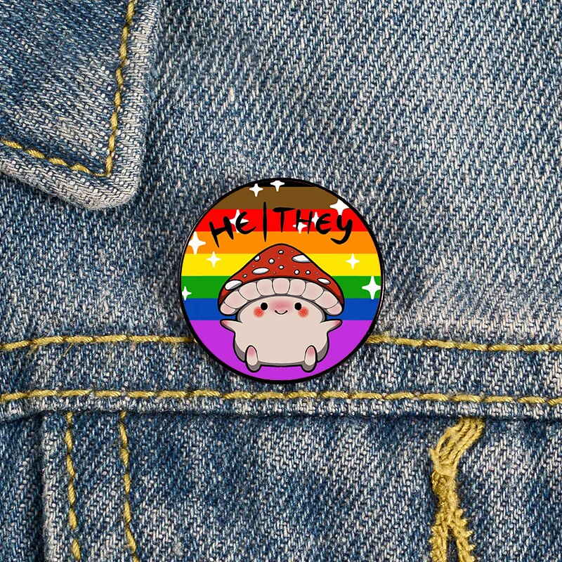 Non Binary pride Mushroom he they pronoun Pin Custom Funny vintage Brooches Shirt Lapel teacher Bag Badge pins for Lover Friends