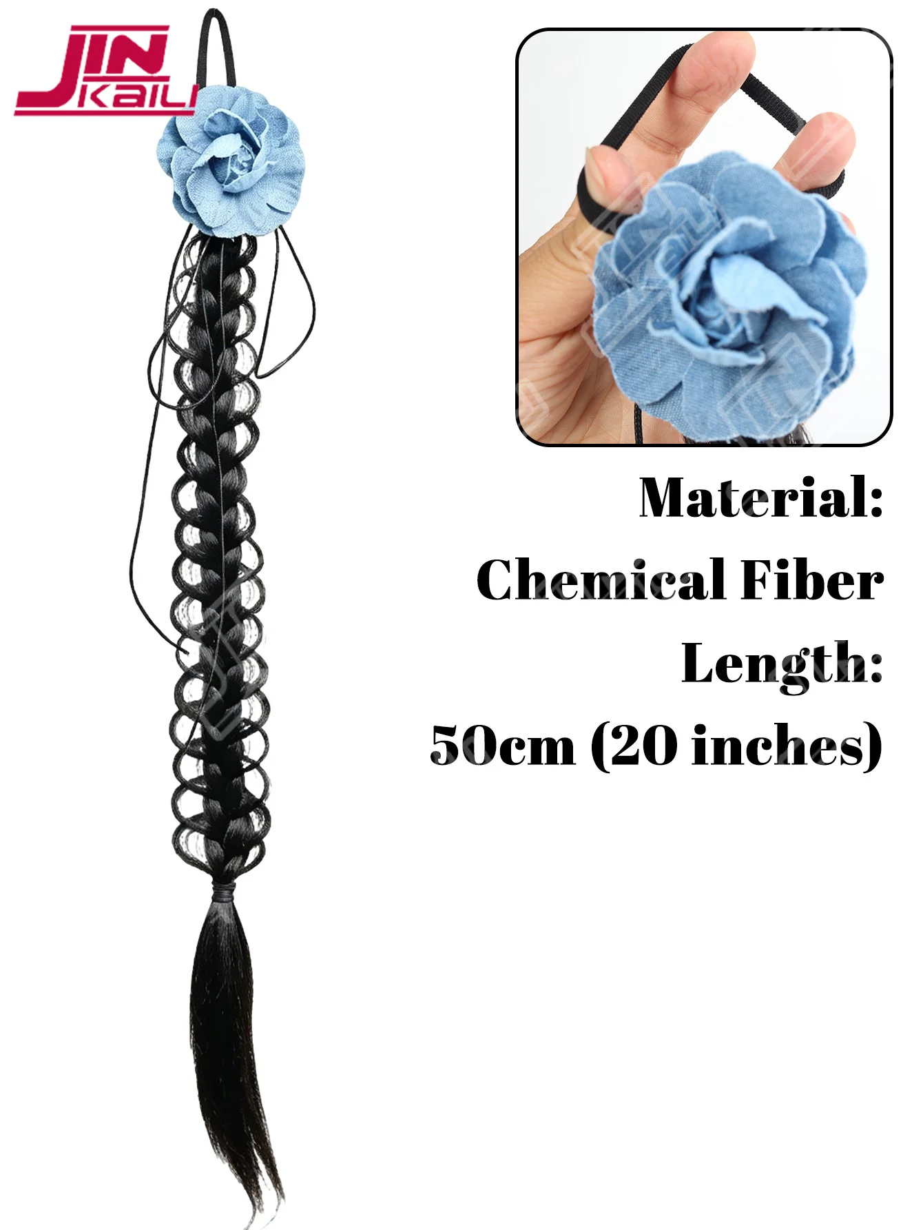 Synthetic Denim Flower Hair Extensions Long Braided Ponytail Hair Extensions For Women High Temperature Fiber Hair Accessories J