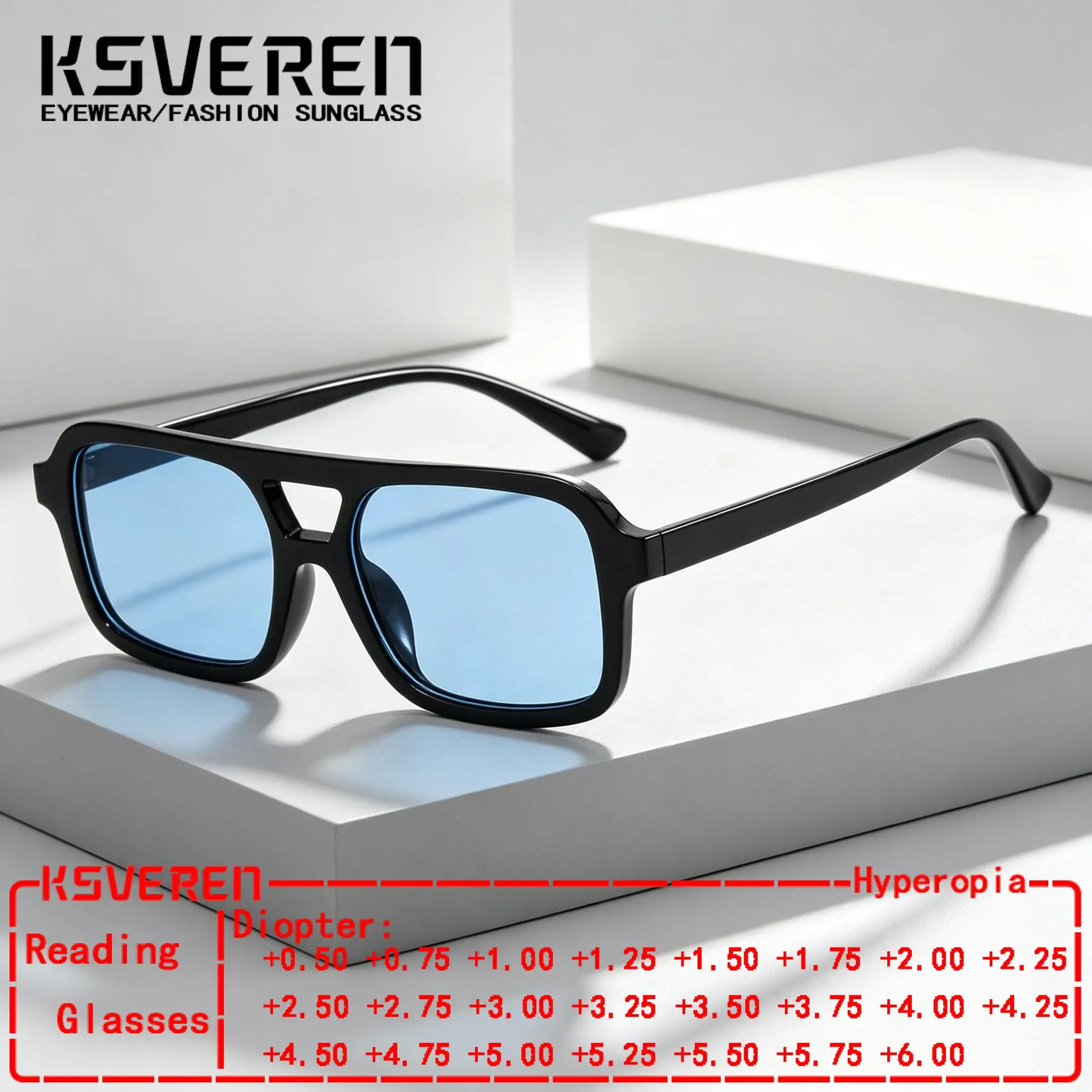 Square Double Bridge Blue Reading Sunglasses Men Women Tinted Shade Presbyopic Eyewear Single Focus Prescription Sun Glasses