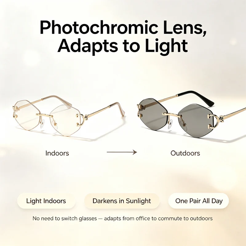 New INS Style Photochromic Sunglasses Unisex, Fashion Metal Frame Trendy UV400 Outdoor Sun Glasses