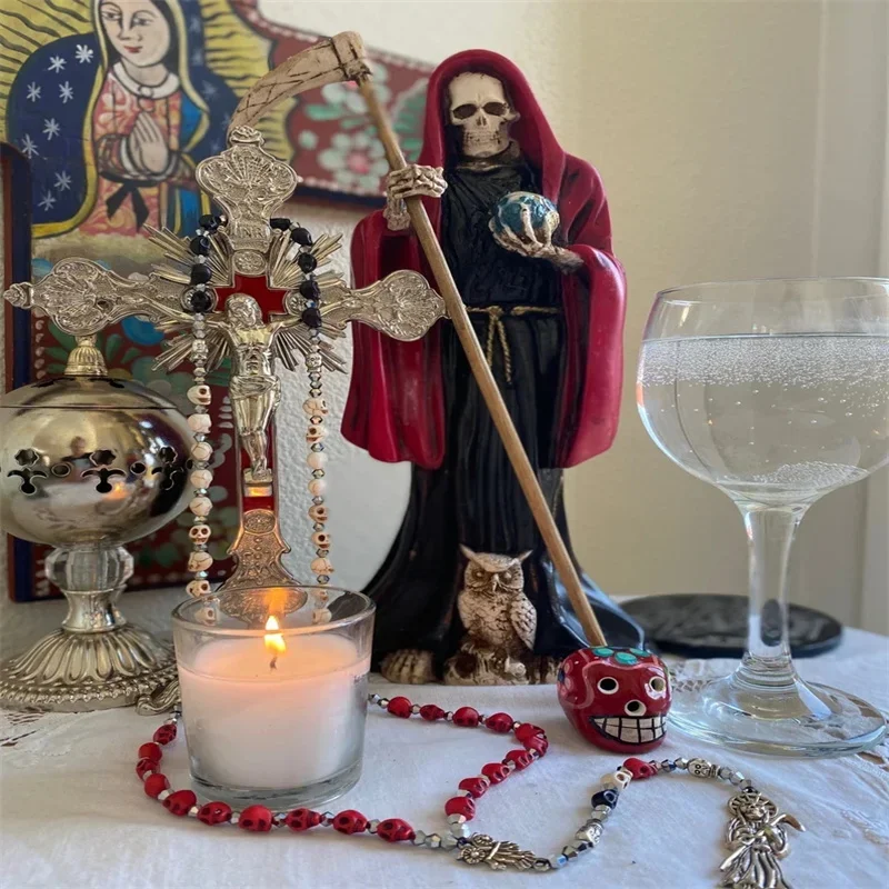 Santa Muerte Rosary - Saint of death dead occult rosary mexican death reaper jewelry rainbow skull skully offering sacrificegift