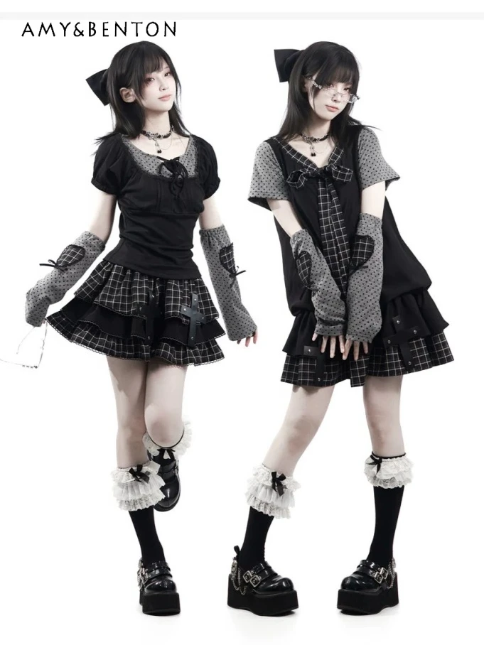 

Vintage Original Style Lace-up Short-sleeved Polka Dot Dress Splicing Plaid Design Slim Mini Dress Sweet Cool Girl Skirt Sets