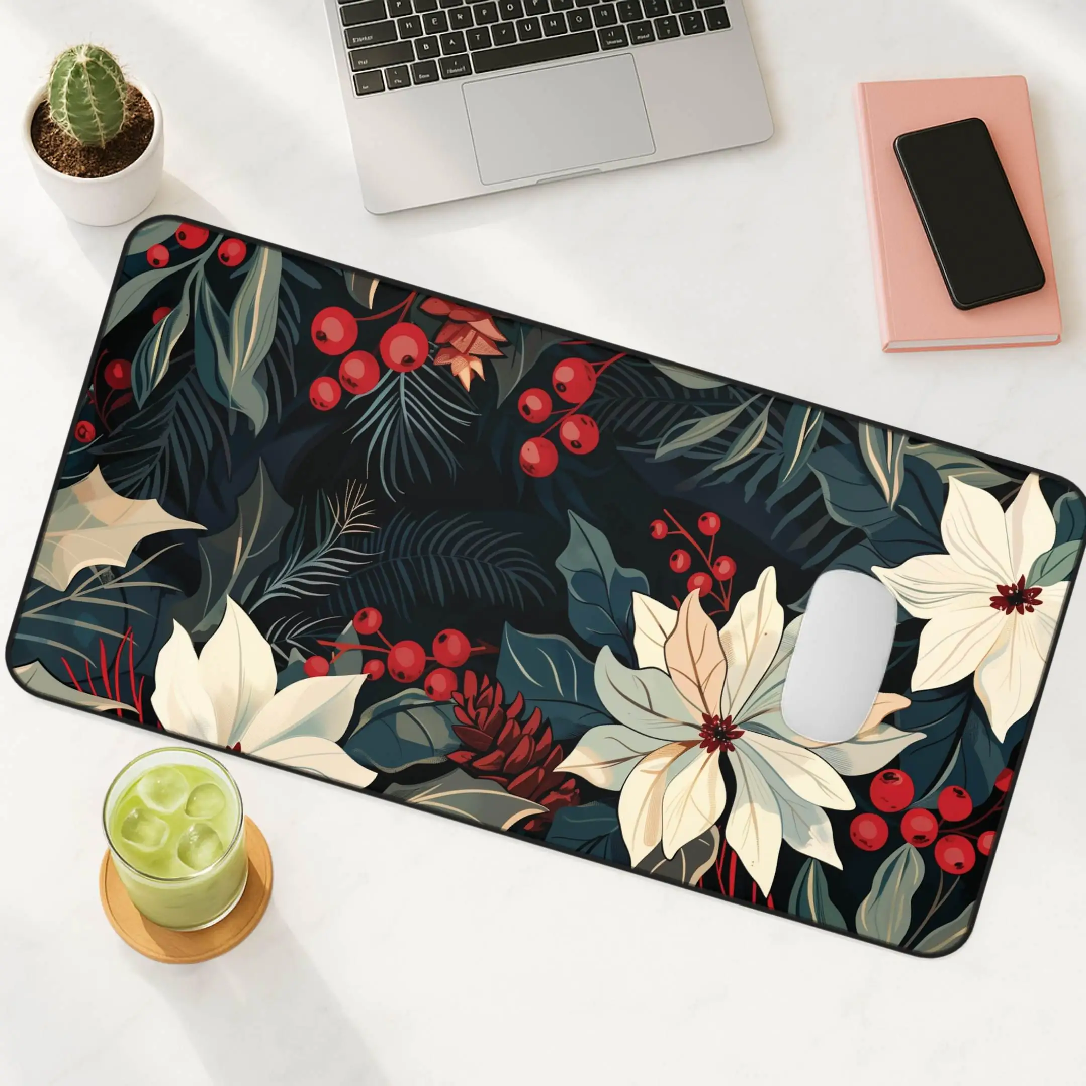

Floral Christmas Pattern Placemat, Elegant and Unique Mouse Pad, Stylish Deskmat, Modern Office Desk Accessory, Desk Mat Gift