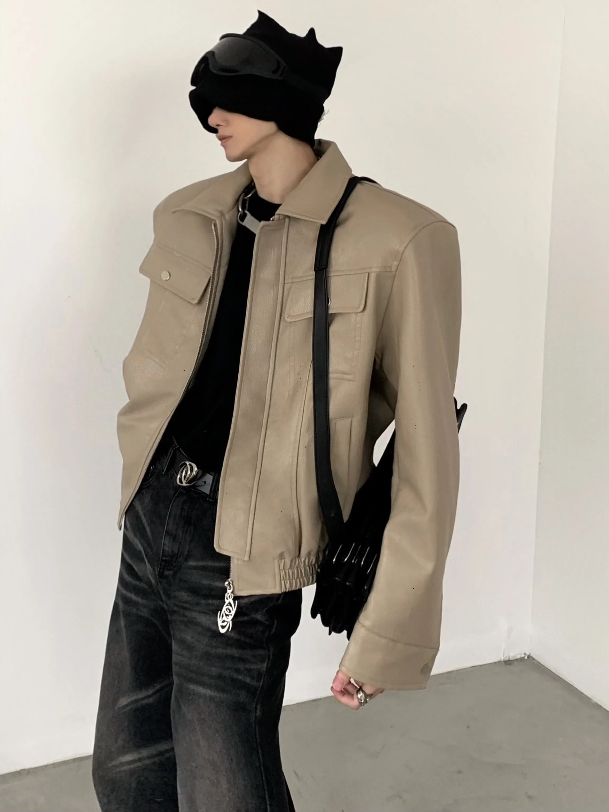 Original Metal Design Men's Leather Jacket Short Shoulder Padded High Street Style Spring Fashion Youthful Energy Flair