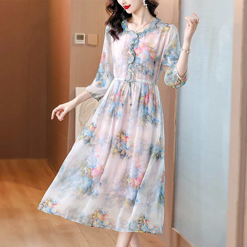 

2024 Floral Silk Flare Sleeve Lace Collar Midi Dress Summer Elegant Casual Ruflfed Beach Dress Women Korean Chic Bandage Dresses