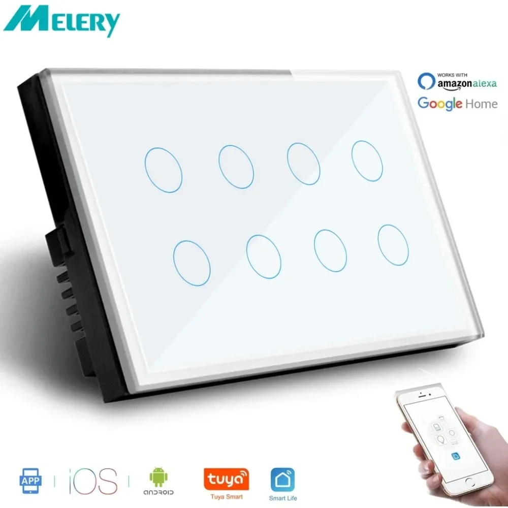 

Melery Wifi Smart Life Light Wall Switch 8Gang Touch Sensor Glass Panel Remote Voice Control by Tuya Alexa Google Home Assitant