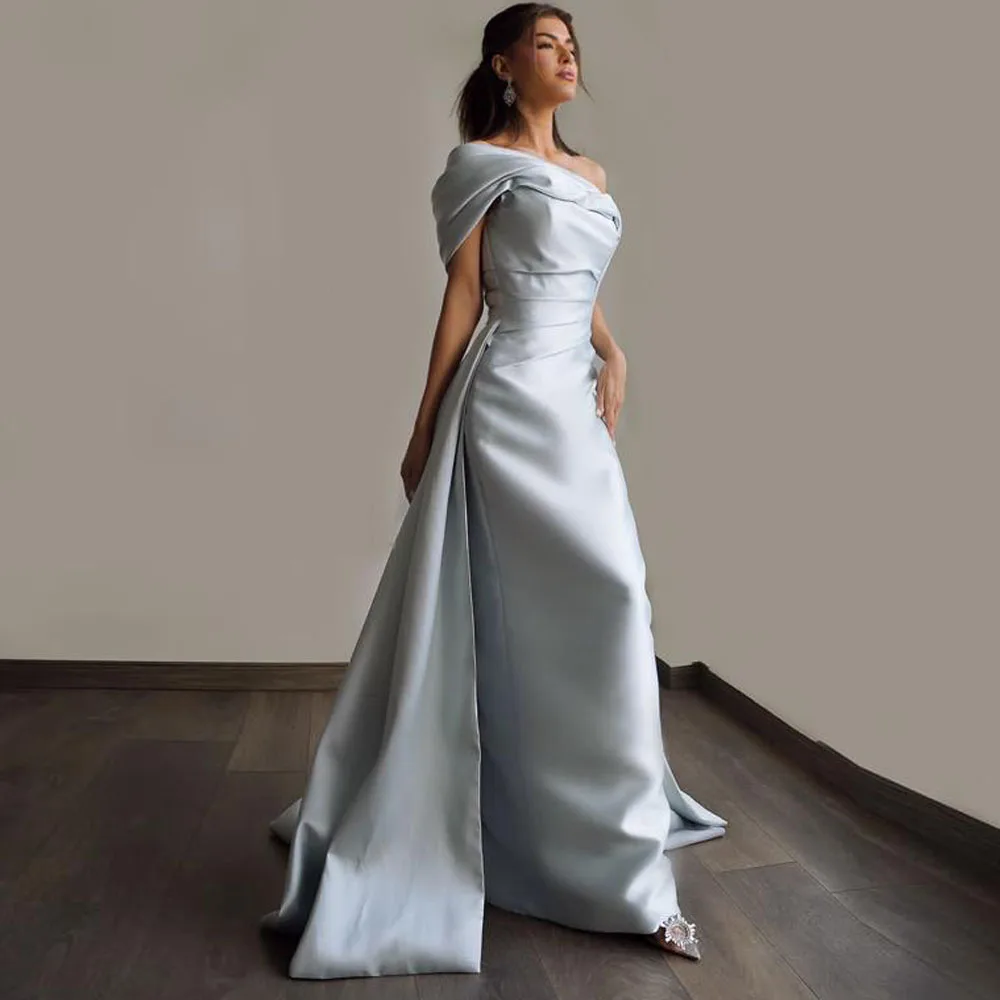 Customized Off the Shoulder Evening Dresses with Detachable Train Pleated Satin Formal Evening Gown Pleated Arabic Banquet Dress
