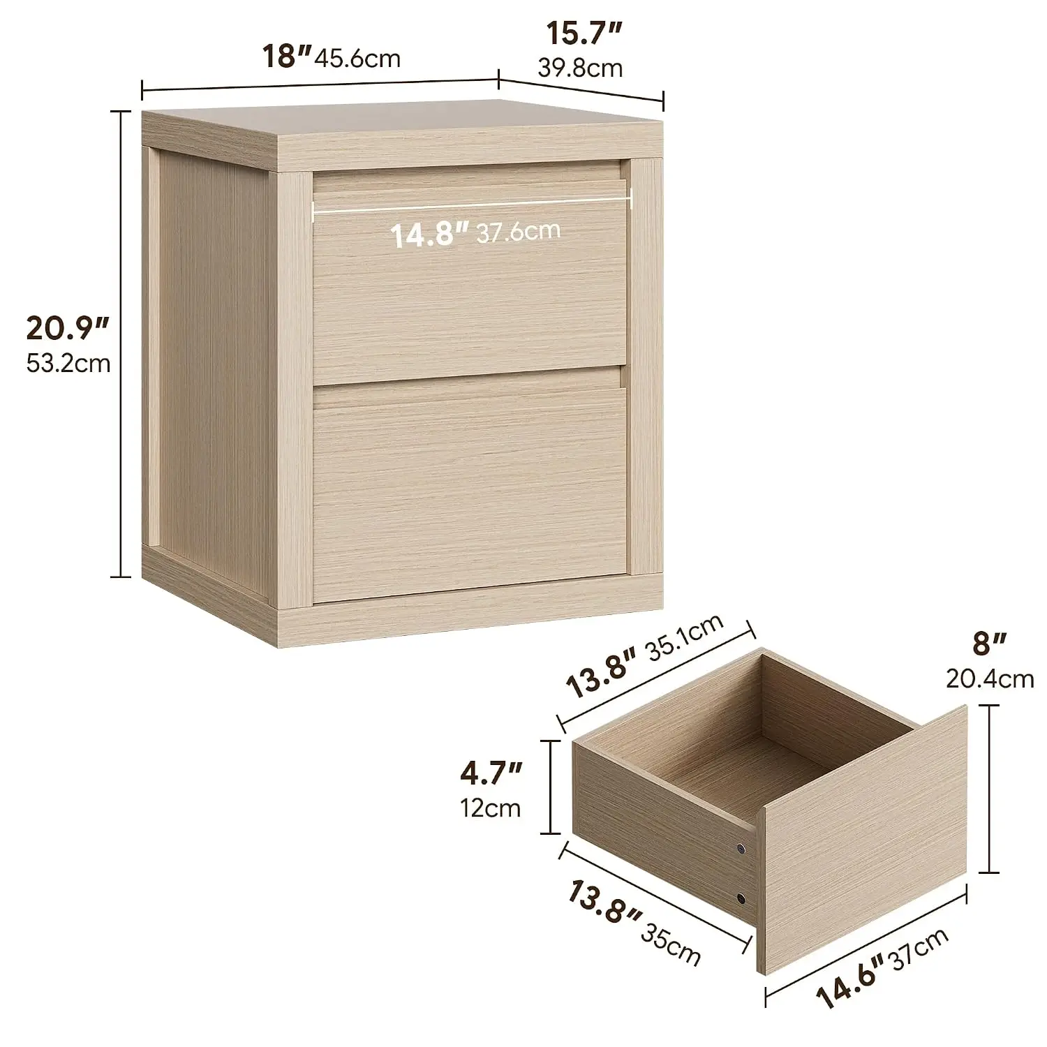 Cozy Castle Nightstand 2 Drawers Modern Bedside Table Handless Wood End Table Thickened Bedroom Light Grey Oak, Customized