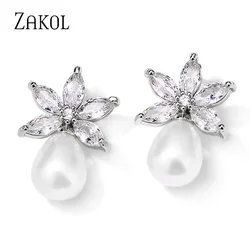 ZAKOL Fashion Simple Leaf Cubic Zirconia Pearl Drop Stud Earrings for Women Elegant Bride and Bridesmaid Earring