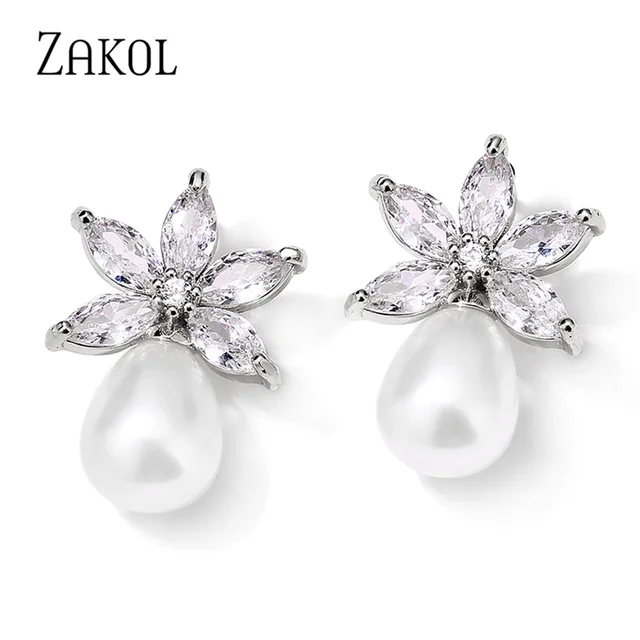 ZAKOL Fashion Simple Leaf Cubic Zirconia Pearl Drop Kolczyki dla kobiet Elegancki kolczyk dla panny młodej i druhny
