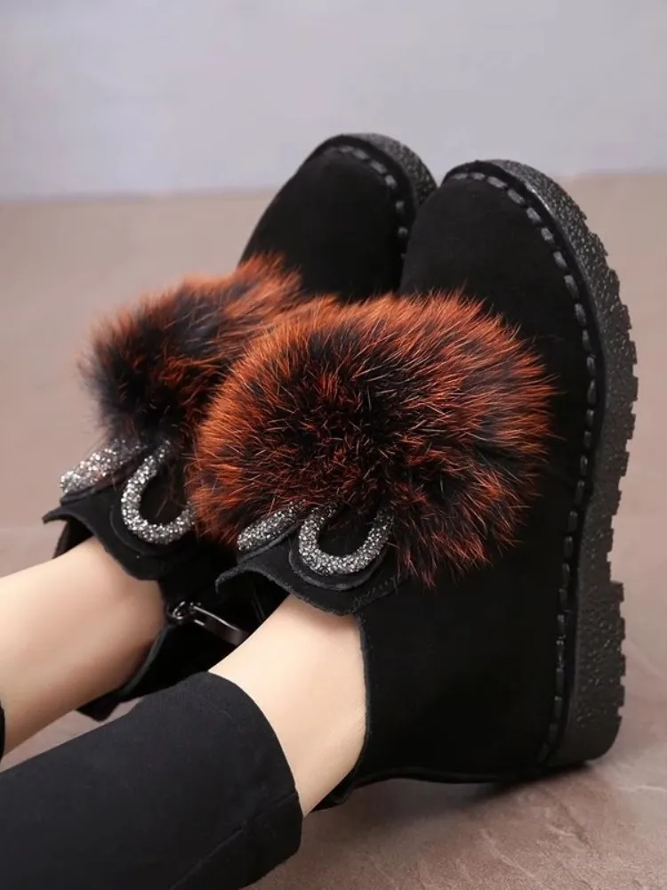 Women Winter Warm Short Plush Lining Snow Boots Cow Suede High Top Shoes Zip Flat Platform Ankle Boots Female Size 40 41 42 43