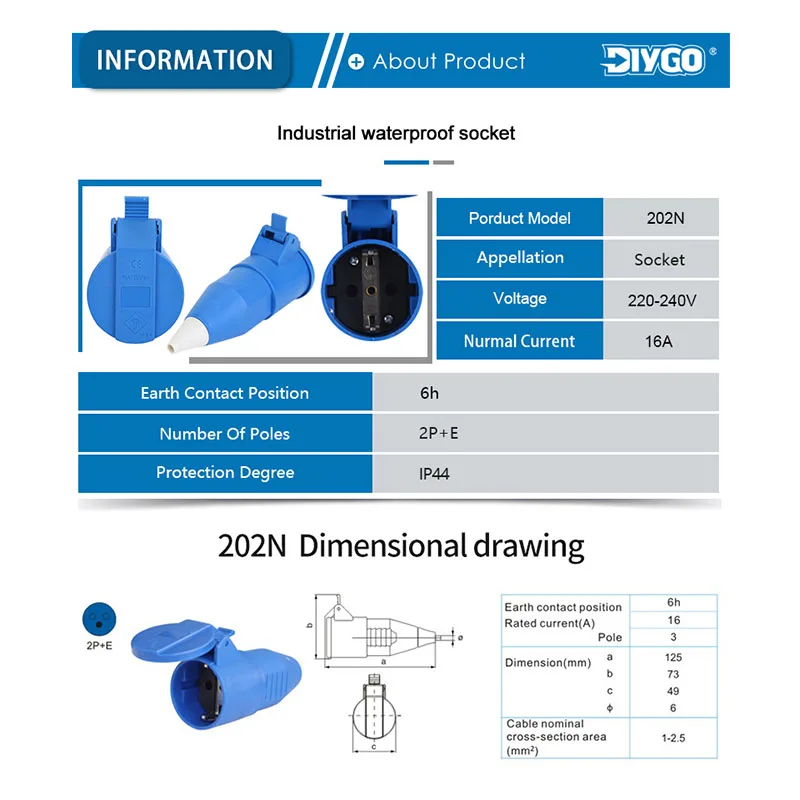 16A IP44 220V-240V 2 Pin gniazdo przemysłowe specyfikacja EU kabel złącze przewód zasilający elektrycznego do klimatyzacji DIY GO