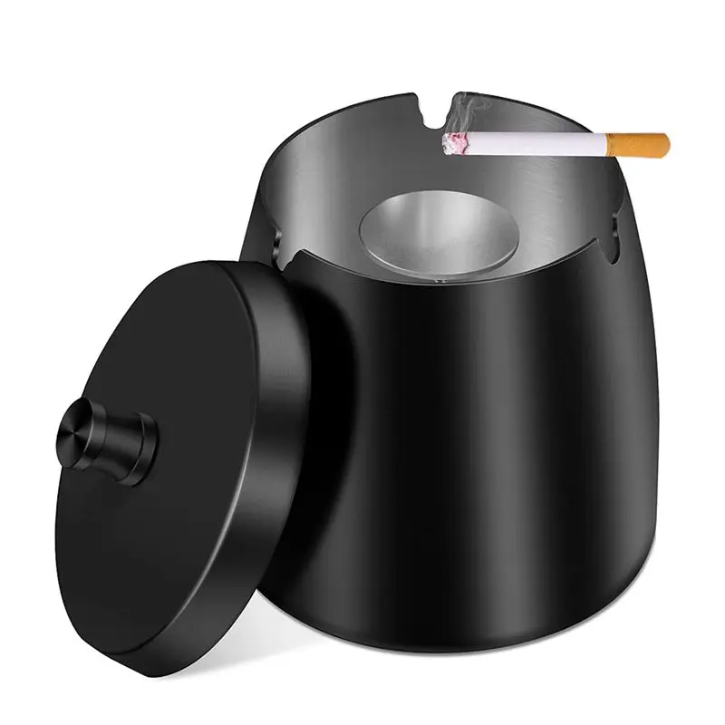 A78I Ashtray, Ashtray with Lid, Stainless Steel Ashtray for Outdoors, Storm Ashtray As Wind Ashtray, Non-Slip Base (Black)