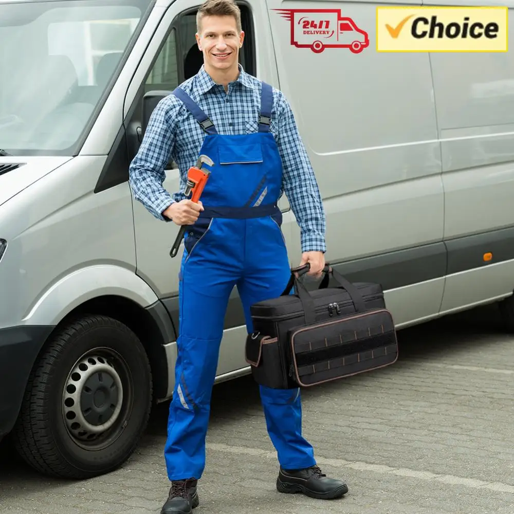 17インチ大容量ワイドマウストートバッグ、調節可能なショルダーストラップ付き、電気技師用ツールバッグ、防水大型ツールバッグオーガナイザー