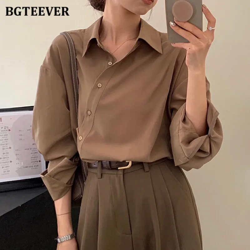 BGTEEVER Casual Lapel Single-breasted Women Shirts Autumn Long Sleeve Loose Female Solid Blouses Elegant Wome