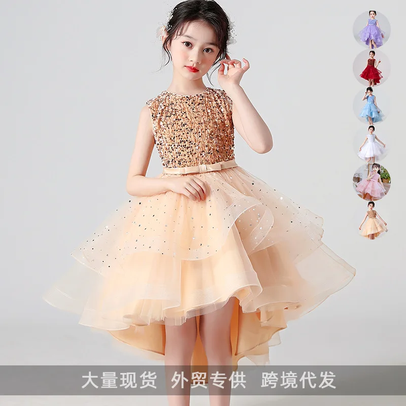 

2025Girls' Summer New Sleeveless Sequined Trailing Piano Performance Dress Pettiskirt