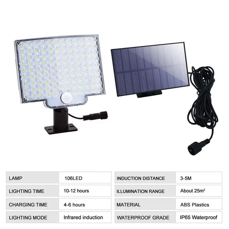 Solar Power Wall Light com 106 LED, controle remoto, Split, gramado, jardim