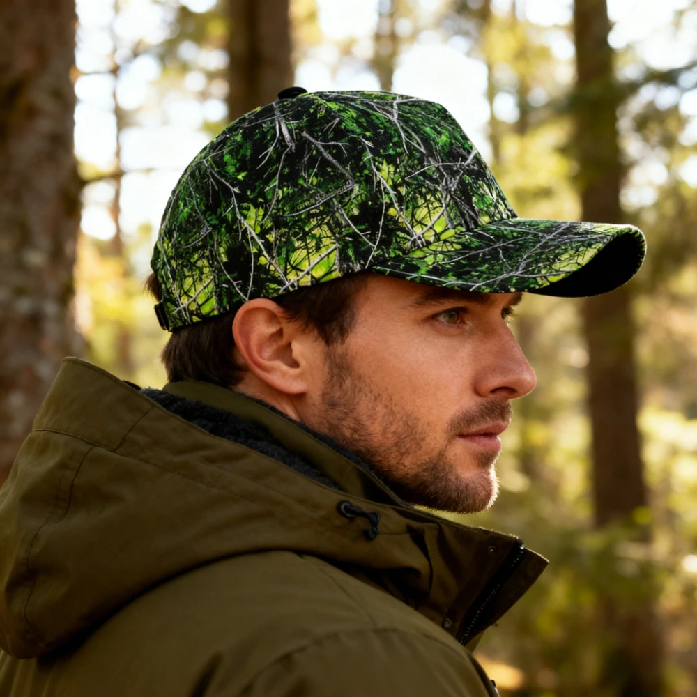 Fluorescent Green Camo Baseball Cap with Tree Branch Pattern Trendy Unisex Outdoor Casual Hat for Men Women Fashion Sport Cap