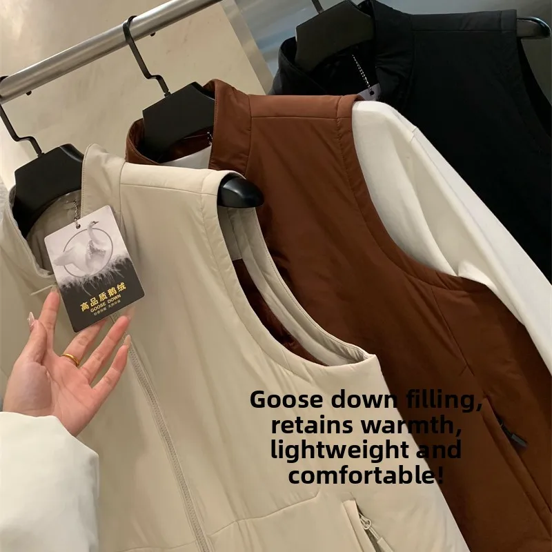 

High-End Goose down Vest Men's Lightweight Warm Pure Color Collarl Jaet Faionable Urban Sle Winter Outerwear