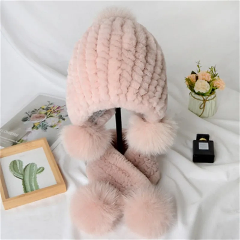 الأطفال الشتاء الدفء ريال ريكس أرنب الفراء قبعة وشاح مجموعات الفتيان والفتيات محبوك سميكة 100% ريال ريكس أرنب الفراء قبعة الأوشحة #5