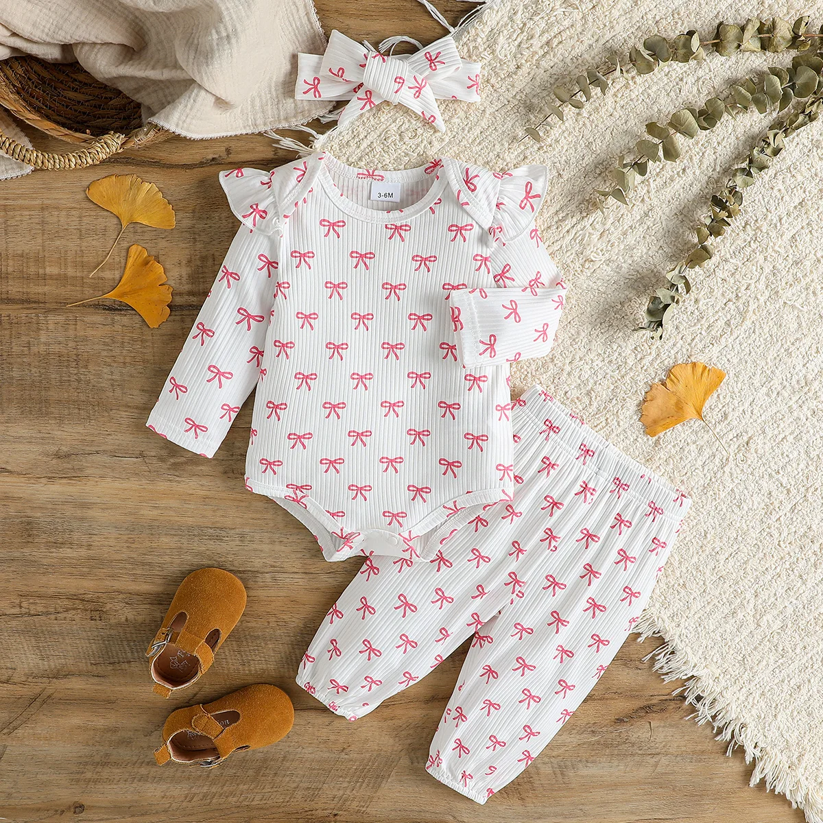 3 Pieces Toddler Baby Girl Fall Outfits Print Ruffle Long Sleeve Romper+Elastic Waist Pants Sets for Infants Casual +Headband