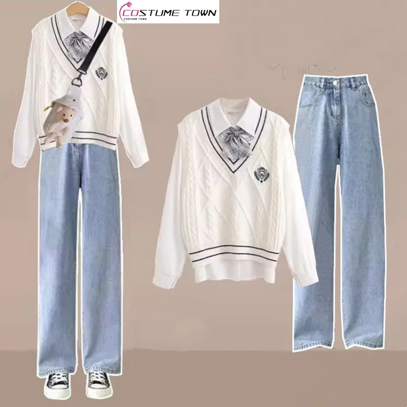 2024 Herbst/Winter Damen Set koreanische lose Weste weißes Hemd modische Jeans mit weitem Bein 3-teiliges Set trendy