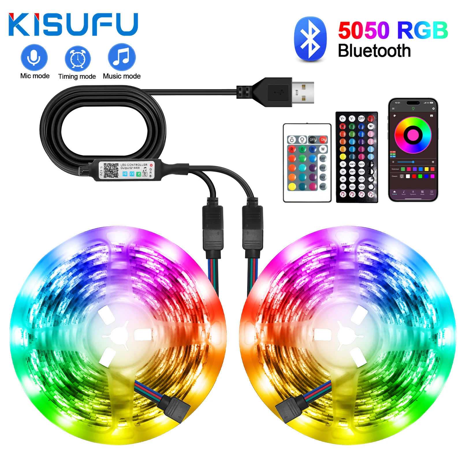 USB LED Strip Lights RGB 5050 Bluetooth Remote Control Kit 5V Flexible Ribbon LED Diode Tape Self-adhesive for Room TV Backlight