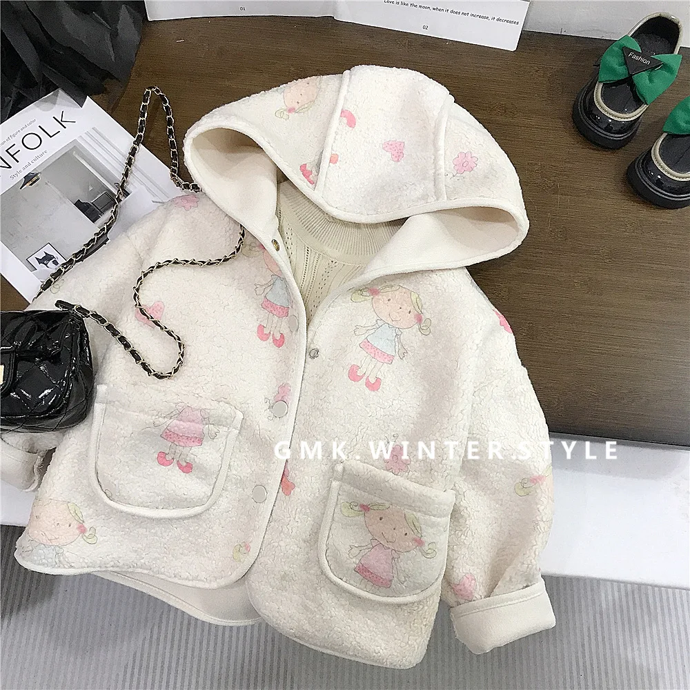 2025 Children Girls Woolen Coat Autumn Winter All Printing Infant Baby Girls Jackets Loose Fleece Toddler Girls Hooded Outerwear