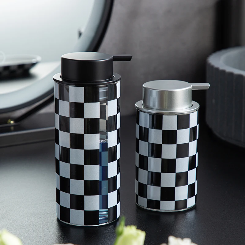 

Black and White Checkered Glass Ceramic Lotion Bottle Foaming Hand Soap Dispenser Toothbrush Holder Soap Bathroom Accessories