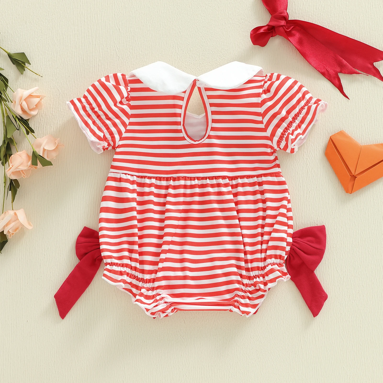 

Tregren Infant Baby Girls Romper Short Sleeve Doll Collar Stripes Embroidery Heart Infant Bodysuit Summer Valentines Day Clothes