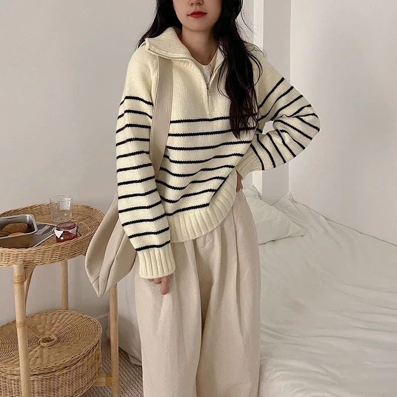 

Korean Style Half-Zip Knit Pullover Sweater Women'S Loose Stripe High Neck White Knitwear Top For Fall And Winter