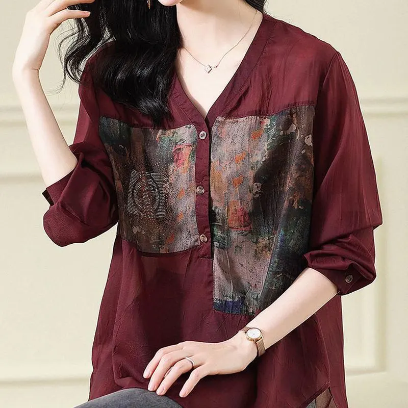 Fashion Loose Printed Spliced Blouse Burgundy Casual Commute V-Neck Button Women\'s Clothing Korean 2023 Spring Long Sleeve Shirt