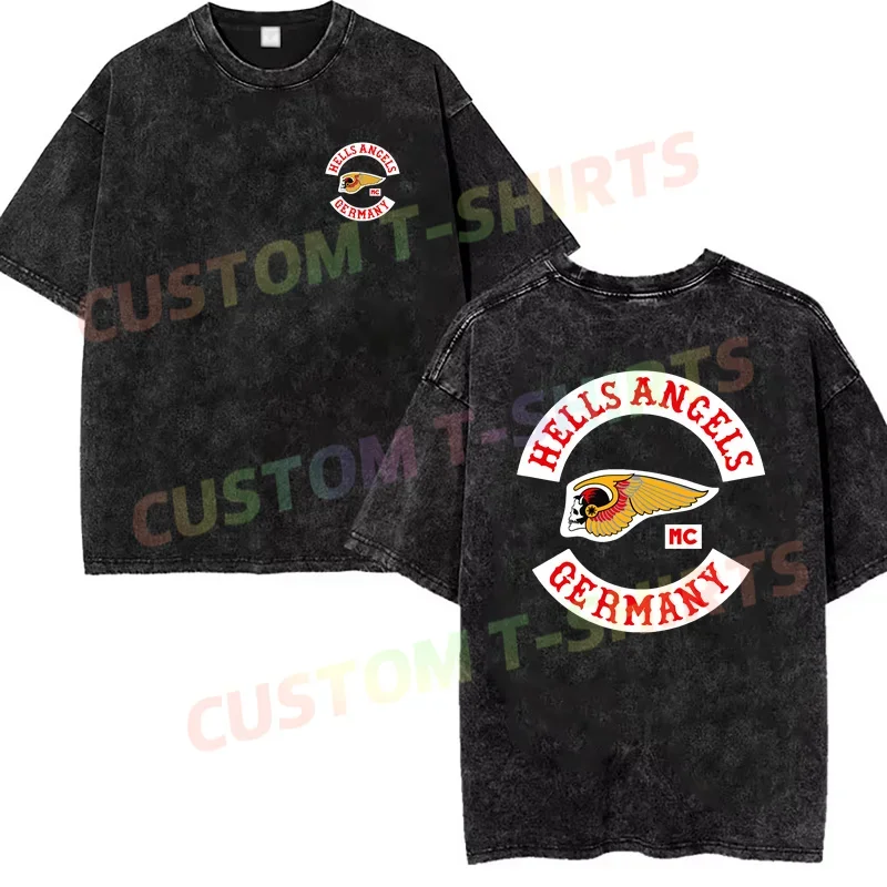 2024 Summer Vintage Cotton Washed Hells Angels Motorcycle Club Germany T-Shirt Loose T Shirts Men Y2K Hip Hop Top Tee