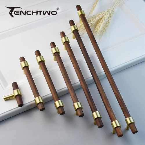 Imagen 1 del producto Tiradores nórdicos modernos para armario de cocina, manijas de muebles de latón dorado, negro y nogal, pomos de madera para puerta de cajón de armario