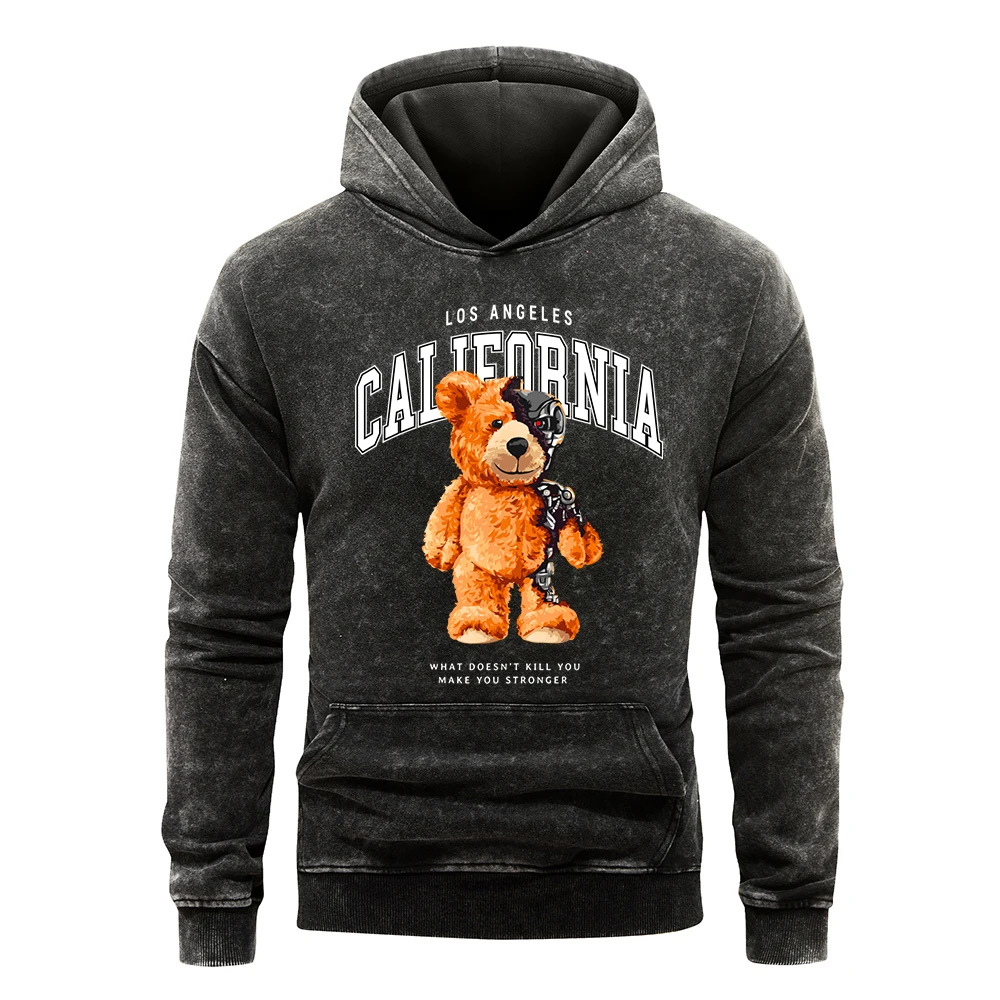 Mechanical Bear California Letter Print Men Snow Wash Hoodie Autumn Loose Hoody Casual Loose Pullover Vintage Cotton Sportswear