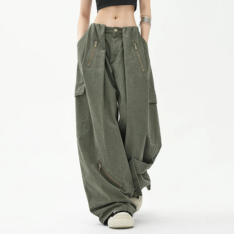 

Retro Army Green Paratrooper Pants Women High Waist Pocket Jeans Y2K Wide Leg Loose Casual Straight Pants Denim Trousers 2025